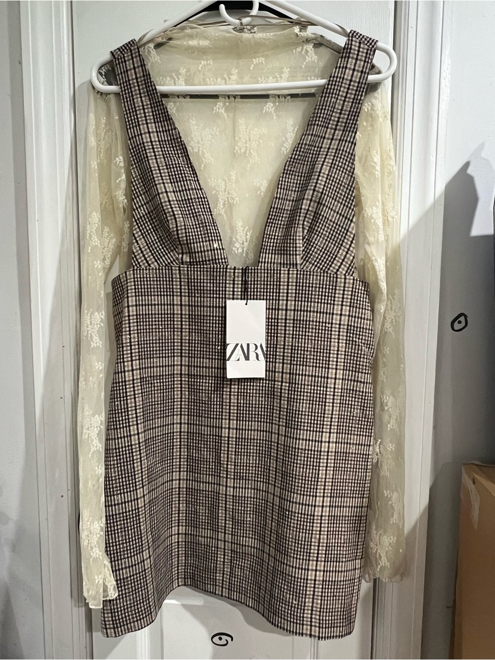 Zara Brown and Cream Plaid Pinafore Dress (just dress)